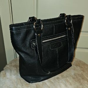 Coach Black Leather Tote with Silver Accents